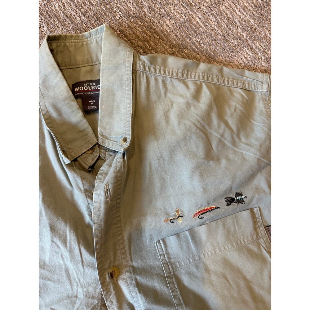 Woolrich Mens Medium Sage Green Short Sleeve Fly Fishing Lure Embroidered Shirt